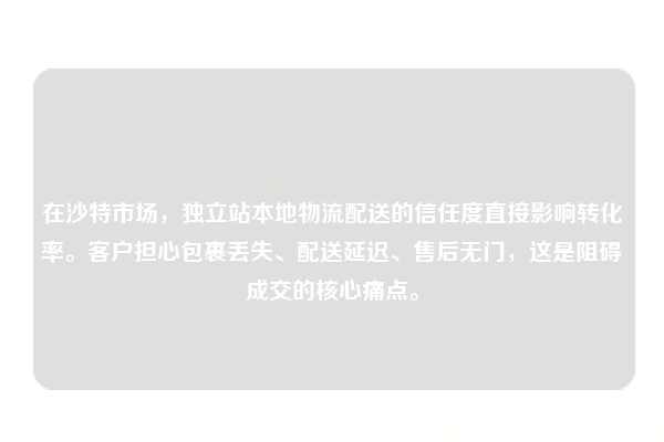 在沙特市场，独立站本地物流配送的信任度直接影响转化率。客户担心包裹丢失、配送延迟、售后无门，这是阻碍成交的核心痛点。