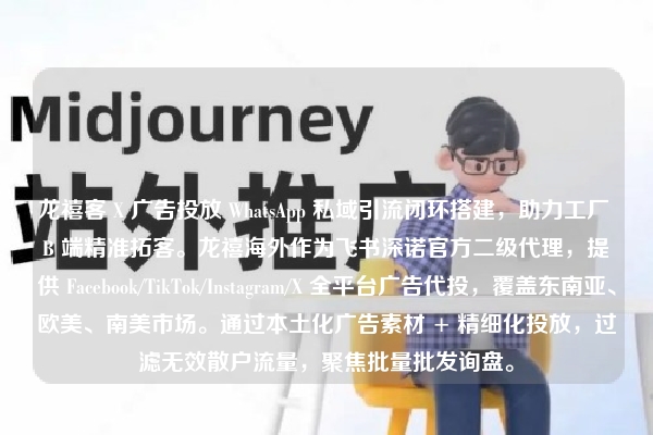 龙禧客 X 广告投放 WhatsApp 私域引流闭环搭建，助力工厂 B 端精准拓客。龙禧海外作为飞书深诺官方二级代理，提供 Facebook/TikTok/Instagram/X 全平台广告代投，覆盖东南亚、欧美、南美市场。通过本土化广告素材 + 精细化投放，过滤无效散户流量，聚焦批量批发询盘。
