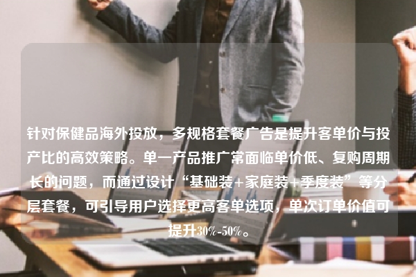 针对保健品海外投放，多规格套餐广告是提升客单价与投产比的高效策略。单一产品推广常面临单价低、复购周期长的问题，而通过设计“基础装+家庭装+季度装”等分层套餐，可引导用户选择更高客单选项，单次订单价值可提升30%-50%。