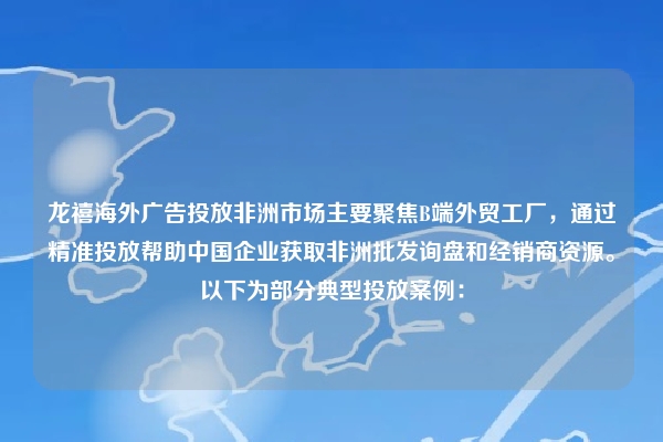 龙禧海外广告投放非洲市场主要聚焦B端外贸工厂，通过精准投放帮助中国企业获取非洲批发询盘和经销商资源。以下为部分典型投放案例：
